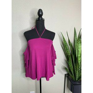 White House Black Market Purple Off Shoulder top ruffle sleeves size 4 stretch